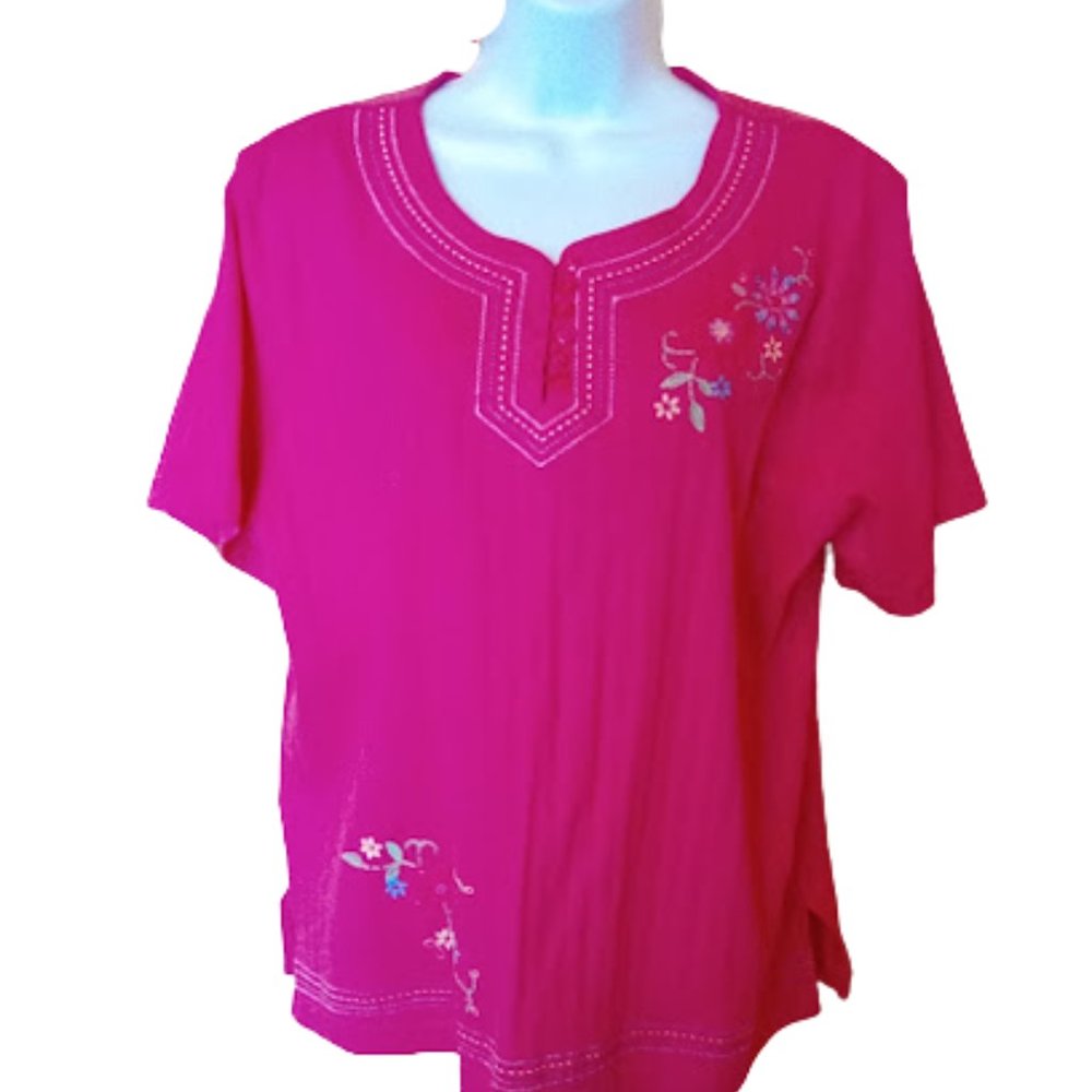 ---  Salmon Pink Embellished Embroidered Ribbed Cotton  Tee T-shirt Women 2X